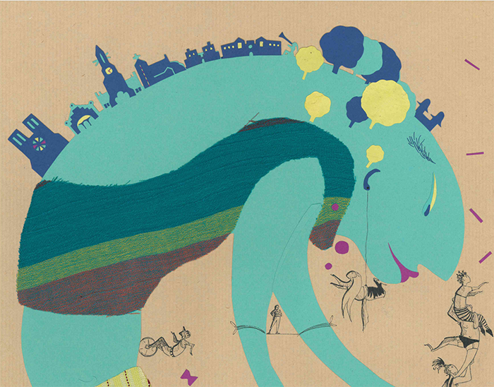 Affiche (détail) réalisée par Alice Bohard, alias "l'escargot volant" pour l'animation "c'est mon patrimoine" proposée par le Cirque Tempo en lien avec la ville de Flers.