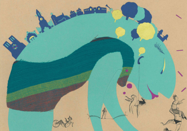 Affiche (détail) réalisée par Alice Bohard, alias "l'escargot volant" pour l'animation "c'est mon patrimoine" proposée par le Cirque Tempo en lien avec la ville de Flers.