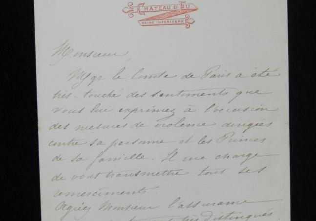 Lettre de Camille Dupuy, secrétaire particulier du comte de Paris à propos des lois d'exil de 1886